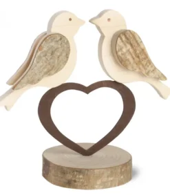 2 Oiseaux En Bois Sur Un Coeur, 9 Cm