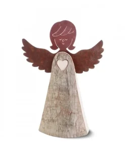 Ange En Bois Avec Coeur Et Ailes Metal, 15,5 Cm