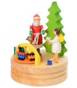 Boite A Musique En Bois, Père Noël Et Ange Blanc