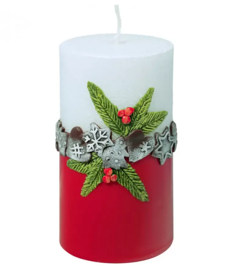 Bougie Décorative De Noël, Blanc Rouge, 12 Cm