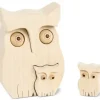 Chouette En Bois Avec Deux Bebes Chouettes, 10 Cm