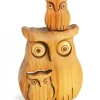 Chouette En Bois Poli Avec Deux Enfants, 8 Cm
