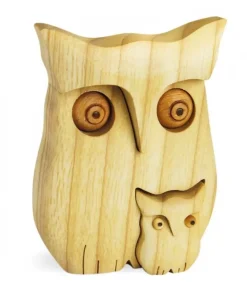 Chouette En Bois Poli Avec Enfant, 9 Cm