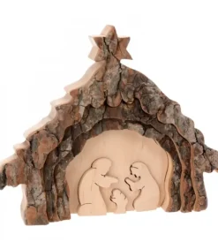Crèche De Noël 13 Cm, Taillee Dans Une Ecorce De Bois, Motif Etable