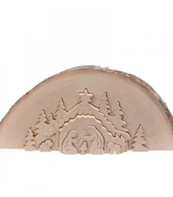 Crèche De Noël En Relief, Taillee Dans Un Rondin De Bois, 27 Cm