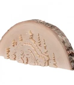 Crèche De Noël En Relief, Taillee Dans Un Rondin De Bois, 27 Cm