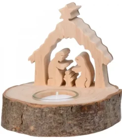 Crèche De Noël Sur Rondin De Bois Avec Bougeoir