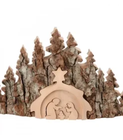 Crèche De Noël Taillee Dans Une Ecorce De Bois, Motif Etable, 20 Cm