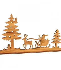 Diorama En Placage D'Olivier, Père Noël En Traineau Dans La Foret,12 Cm