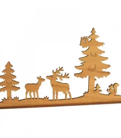 Diorama En Placage D'Olivier, Cerf Et Biche Dans La Foret, 12 Cm