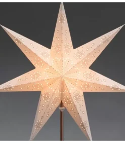 Etoile Lumineuse Electrique 7 Branches En Papier, Blanche, Sur Pied Cuivre 48 Cm