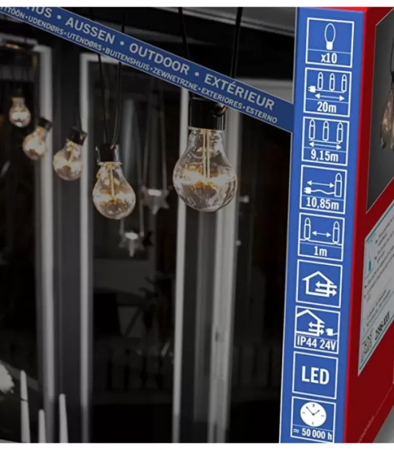 Guirlande Lumineuse De Terrasse 10 M Extensible, 10 Ampoules Ambrees