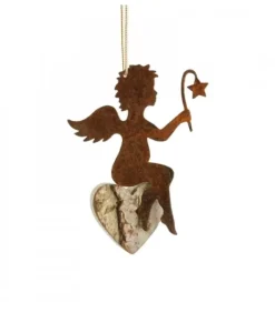 Petit Ange En Metal A Suspendre Et Coeur En Bois Avec Etoile
