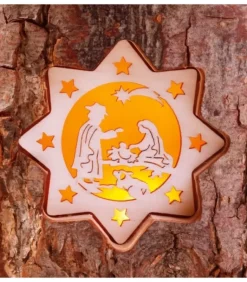 Photophore En Rondin De Bois, 2 Motifs Crèche Et Bougie