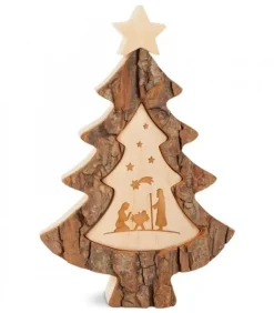 Sapin En Bois Avec Gravure Crèche De Noël, 15 Cm