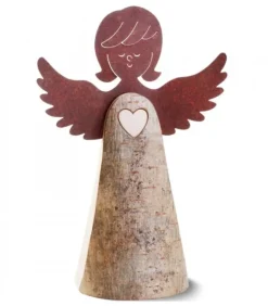 Statuette Ange En Bois Avec Coeur Et Ailes Metal, 26 Cm